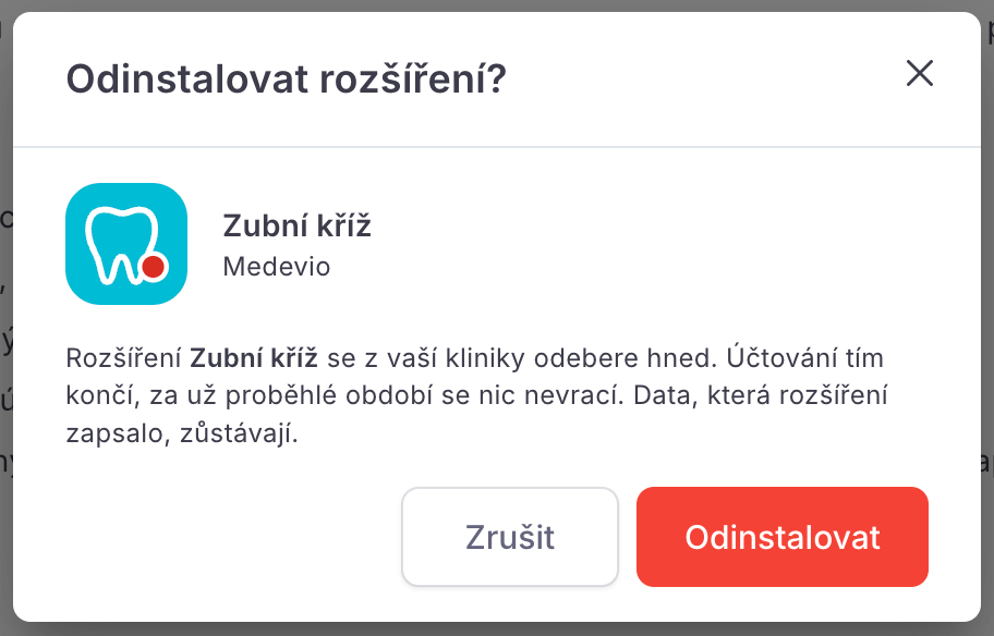 Okno Odinstalovat rozšíření
