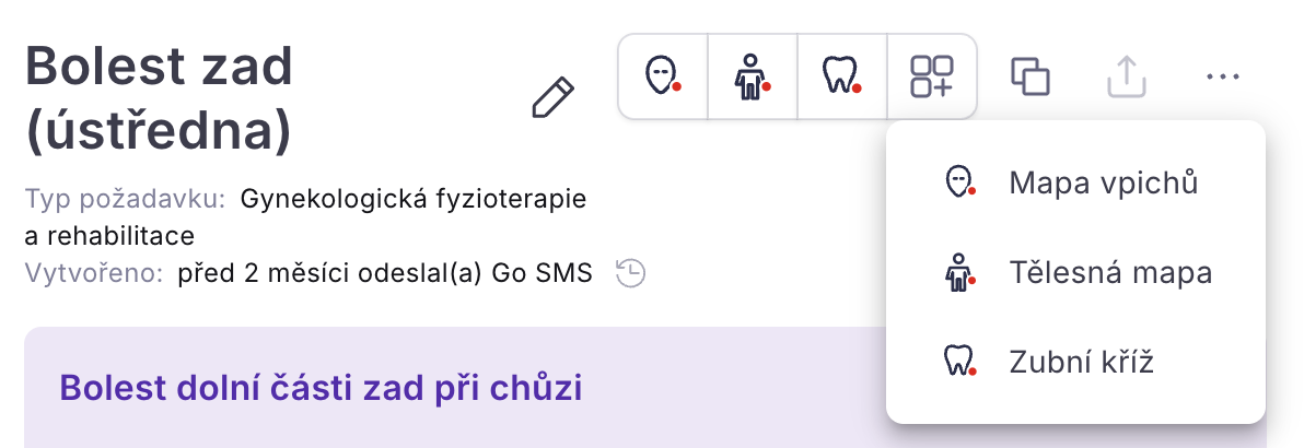 Tlačítka rozšíření v detailu požadavku