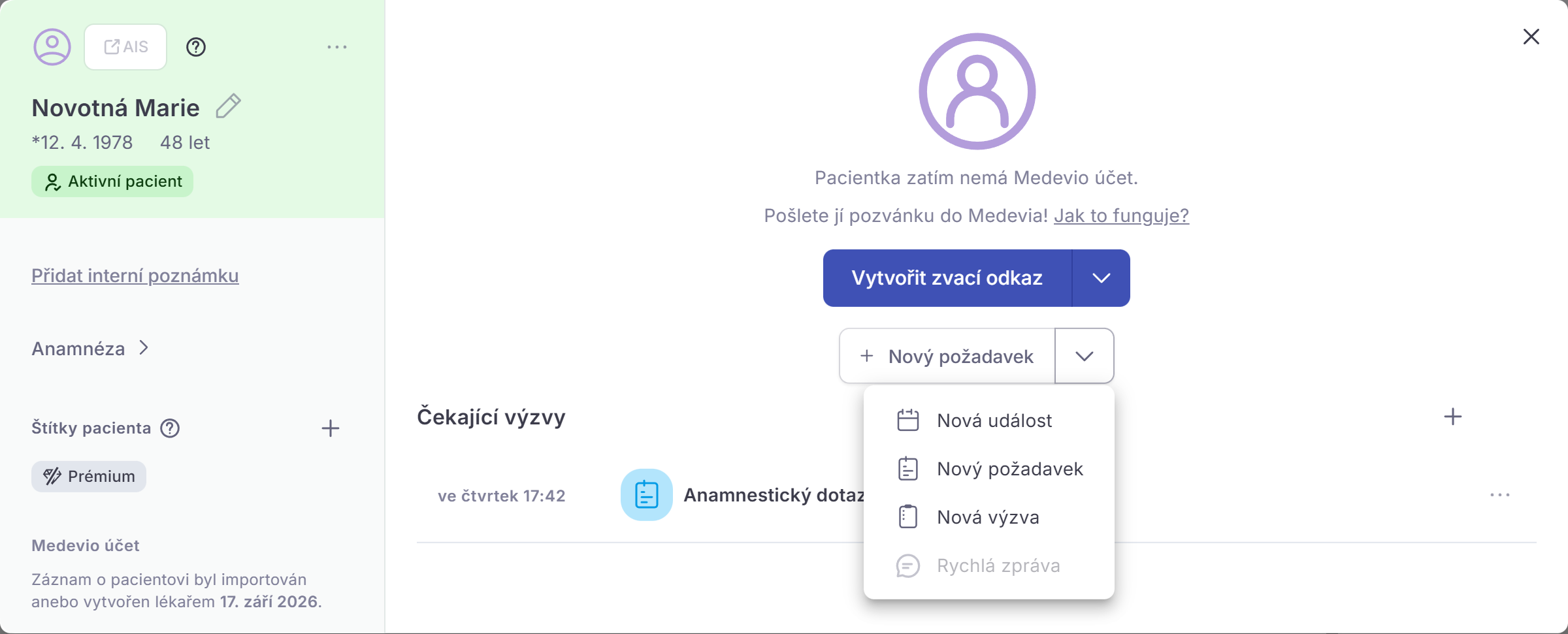 Karta pacienta – nabídka u tlačítka Nový požadavek s volbou Nová výzva