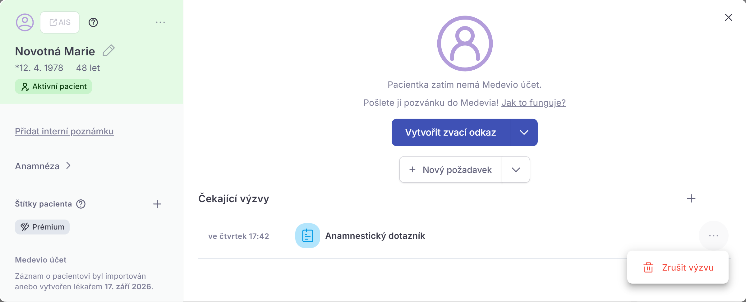 Nabídka akcí u čekající výzvy s volbou Zrušit výzvu