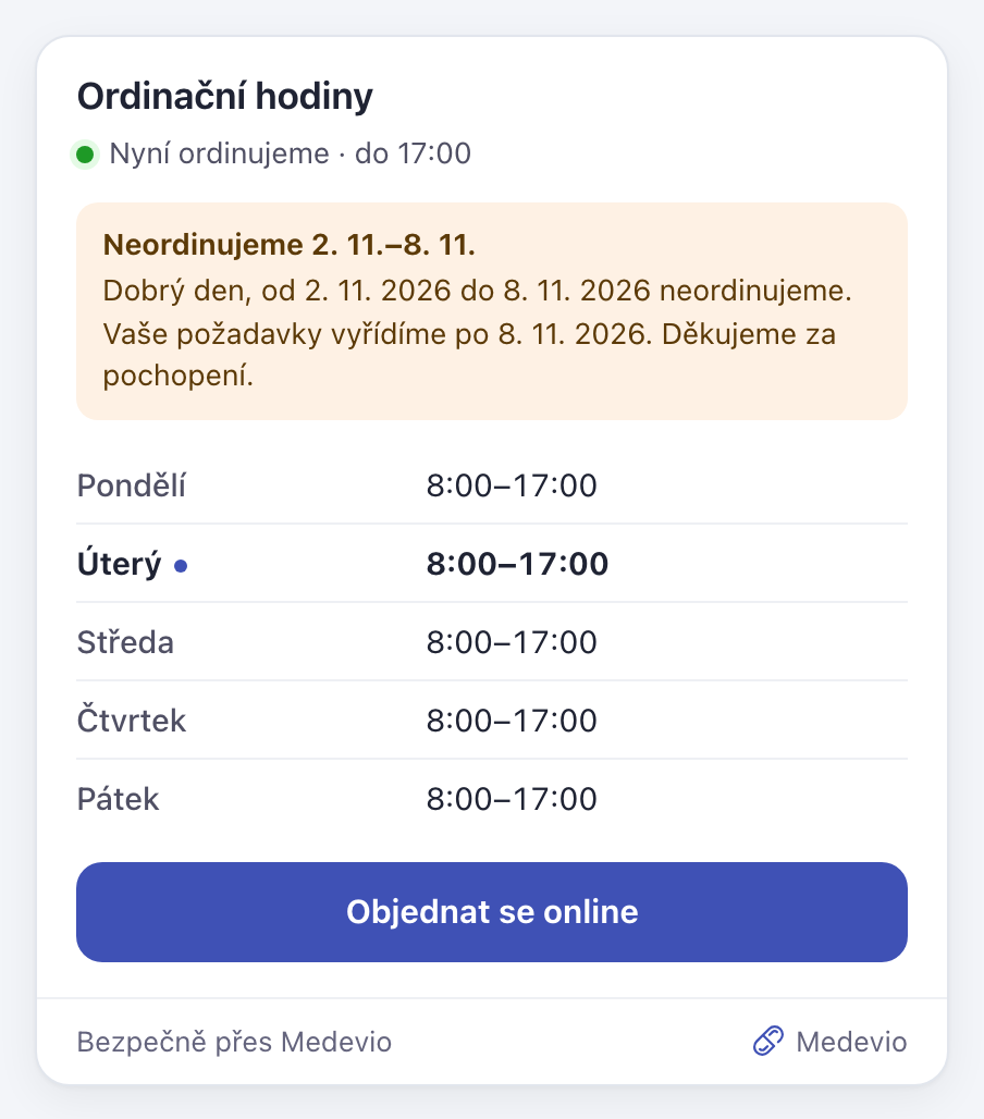 Ordinační hodiny z Medevio na webu