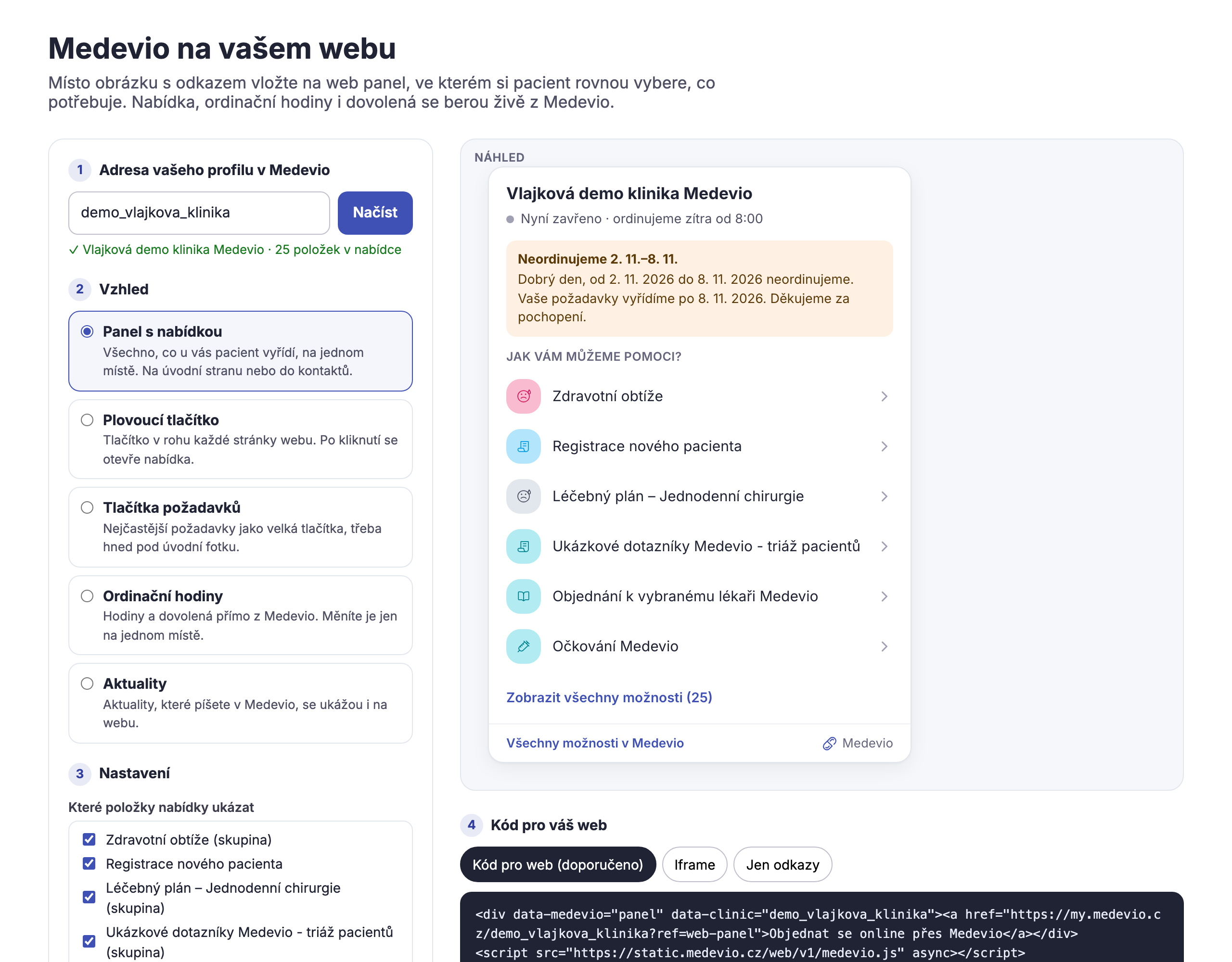 Konfigurátor panelu Medevio