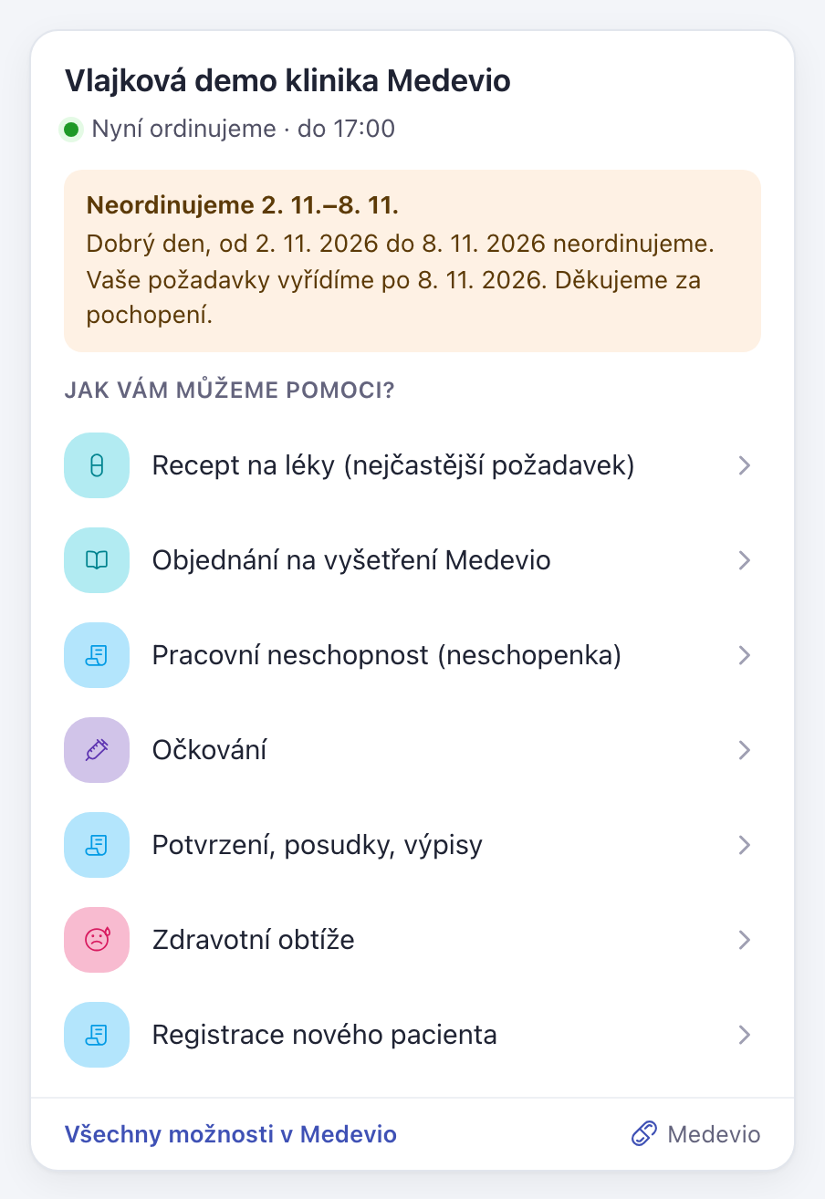 Panel s nabídkou požadavků na webu ordinace